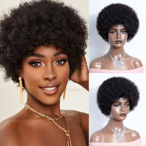 JOEDIR HAIR Kurze Afro-Perücken für Schwarze Frauen Natürliche Schwarze Afro-Perücke Echthaar-Perücke Weich und federnd Kleberlose Perücke 130% Dichte (Farbe: Natur) von JOEDIR HAIR