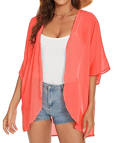 Damen Kimono Strand Cover Up Chiffon Cardigan Blumen Tops Lose Capes, 1-koralle, X-Groß von JOELLYUS