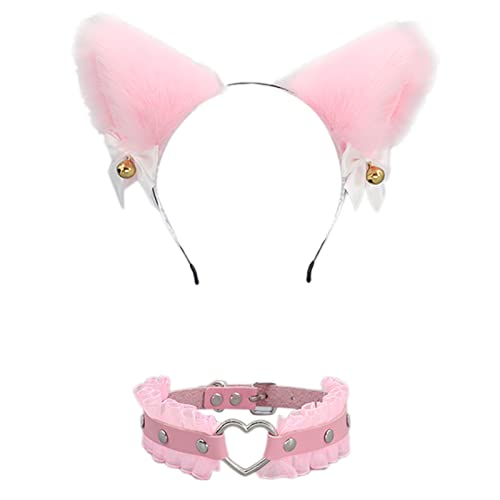 JOERBABU Haarband, Katzenohren Haarbänder Choker Halskette PU Leder Halskette Cosplay Ohren Stirnband Set Ohren Haarreifen Herz von JOERBABU