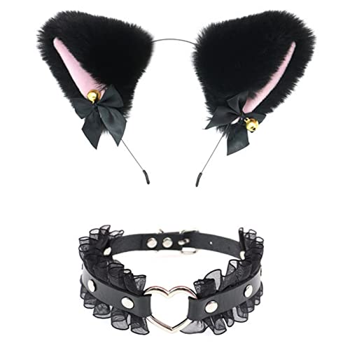 JOERBABU Haarband, Katzenohren Haarbänder Choker Halskette PU Leder Halskette Cosplay Ohren Stirnband Set Ohren Haarreifen Herz von JOERBABU