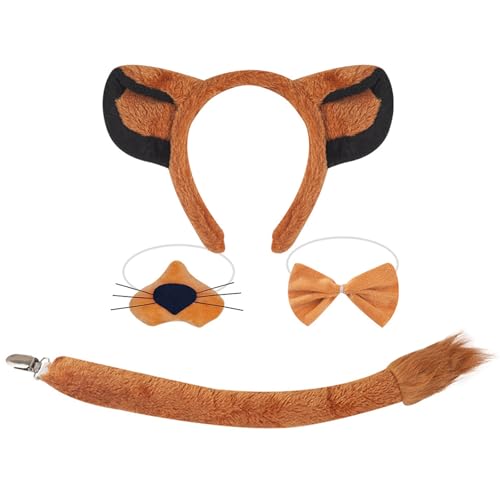 JOERBABU Haarband, Löwen-Cosplay-Set, Hundeohren, falsche Nase, brauner Netzrock, Plüschschwanz, Fliege, Ohr, Stirnband für Halloween von JOERBABU