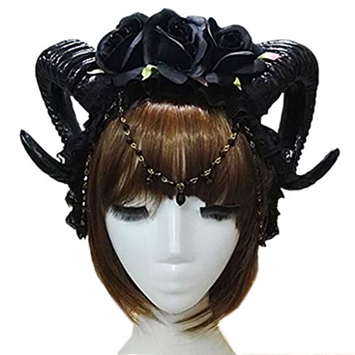 JOERBABU Mystisches Haarreif für Damen, Schafshorn, Stirnband, 3 Rosen, Schmuck, Anhänger, Kette, Haarreif für Vampir, Cosplay, Kopf von JOERBABU