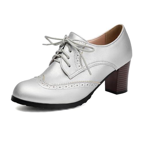 JOEUSTY Damen Schnürschuhe Wingtip Oxford Pumps Brogues Perforiert Chunky Block High Heel Vintage Elegante Schuhe, silber, 37.5 EU von JOEUSTY