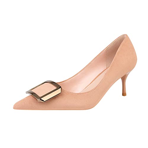 Damen Metallschnalle Spitzer Zehenbereich Mittelabsatz Klassische Pumps Slip On Elegant Formal Party Kleid Schuhe H041, Nude 6 cm, 39 EU von JOEupin