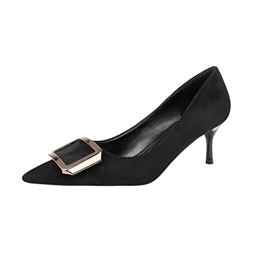 Damen Metallschnalle Spitzer Zehenbereich Mittelabsatz Klassische Pumps Slip On Elegant Formal Party Kleid Schuhe H041, Schwarz, 6 cm, 38 EU von JOEupin