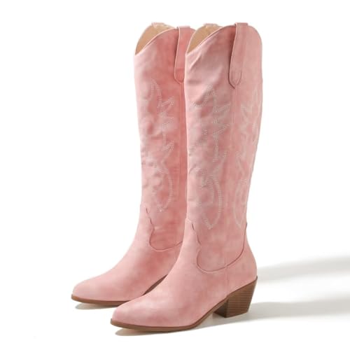 JOEupin Cowboystiefel für Damen, Western-Cowgirl-Stiefel mit klobigem Absatz, bestickt, kniehohe Stiefel, Pink, 38 EU von JOEupin