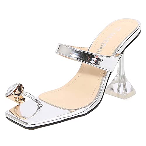 JOEupin Damen Clear Heels Sandalen Transparent Peep Toe Pantoletten Backless Stiletto High Heels Slip on Heeled Slipper Kleid Schuhe, Silber 2, 44 EU von JOEupin