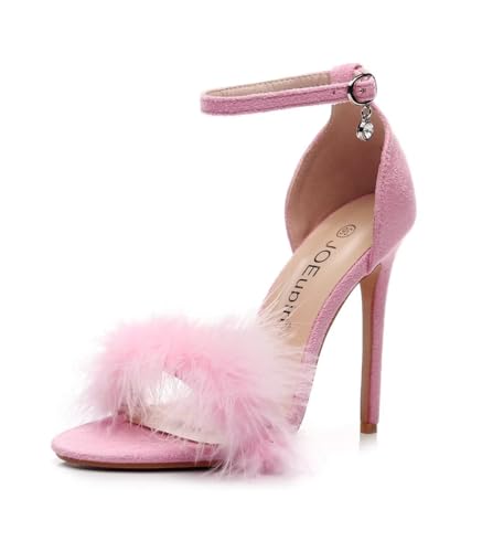 JOEupin Damen Flauschige Marabu-Feder High Heels Riemchensandalen mit Fell von JOEupin