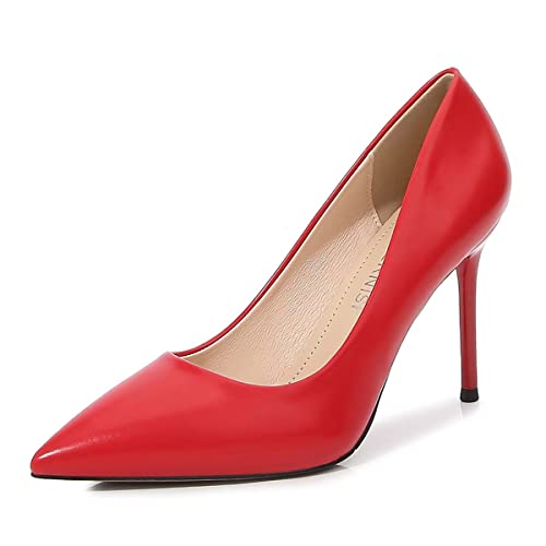 JOEupin Damen Geschlossene Spitze Pumps Stiletto High Heels Büro Lady Hochzeit Party Kleid Heeded Schuhe, rot, 43 EU von JOEupin