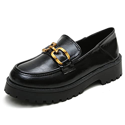 JOEupin Damen Halbschuhe mit klobigem Absatz Plateau Lackleder Chunky Loafers Lederschuhe mit Metall, Schwarz 2, 34 EU von JOEupin