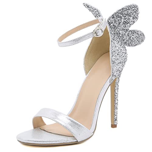 JOEupin Damen High Heels Fliege Rücken Sexy Stiletto Knöchelriemen Hochzeit Kleid Pumps Sandalen Schuhe, silber, 42 EU von JOEupin