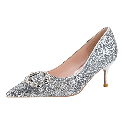 JOEupin Damen Klassische Pumps mit spitzem Zehenbereich, Slip-On Mid Kitten Heel FL019, Silber, 35.5 EU von JOEupin