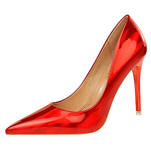 JOEupin Damen Kleid Schuhe Glänzende Pumps Stiletto Mode Party High Heels Spitz Zehen Metallic Club Schuhe, rot, 41 EU von JOEupin