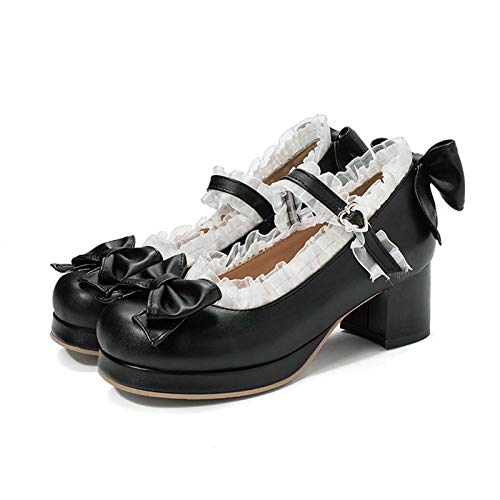 JOEupin Damen Lolita Schuhe Mid Blockabsatz Mary Jane Rockabilly Pumps mit Schleife, Schwarz (schwarz), 42 EU von JOEupin