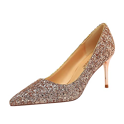 JOEupin Damen Pailletten Mid Heel Hochzeit Pumps Spitz Zehe Glitzer Brautschuhe, champagnerfarben, 40 EU von JOEupin