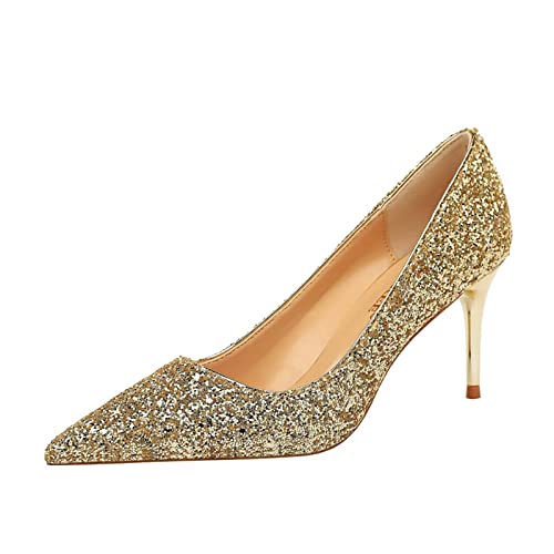 JOEupin Damen Pailletten Mid Heel Hochzeit Pumps Spitz Zehe Glitzer Brautschuhe, gold, 39 EU von JOEupin