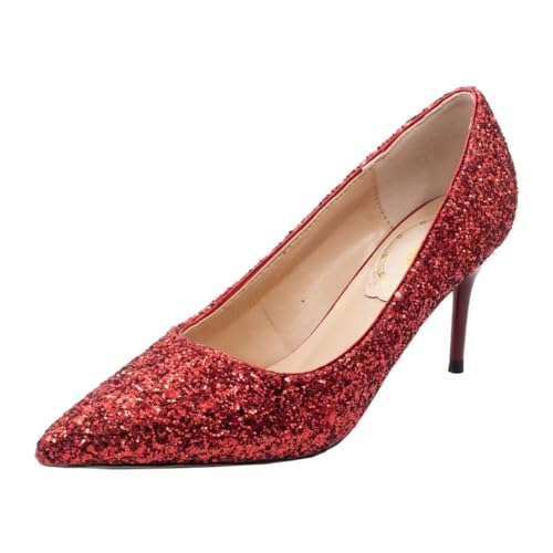 JOEupin Damen Pailletten Mid Heel Hochzeit Pumps Spitz Zehe Glitzer Brautschuhe, rot, 37 EU von JOEupin