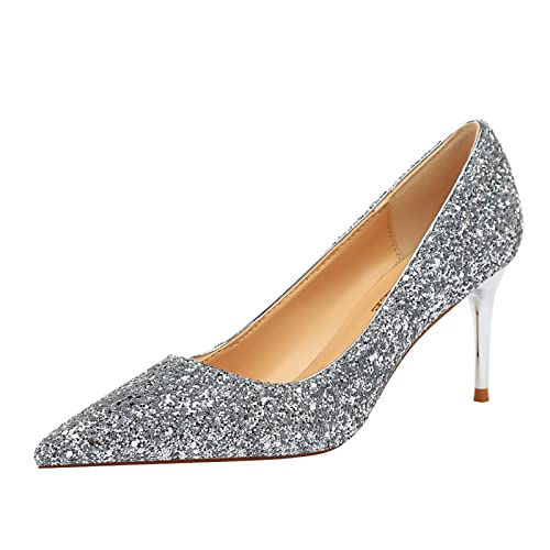 JOEupin Damen Pailletten Mid Heel Hochzeit Pumps Spitz Zehe Glitzer Brautschuhe, silber, 37.5 EU von JOEupin