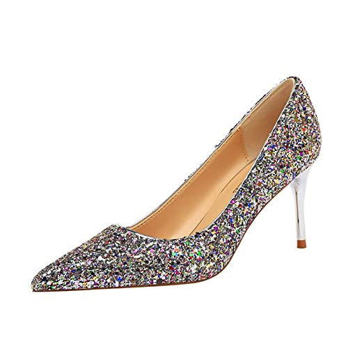 JOEupin Damen Pailletten Mid Heel Hochzeit Pumps Spitze Zehe Sparkly Party Wear Glitzer Brautschuhe, Bunt, 40 EU von JOEupin