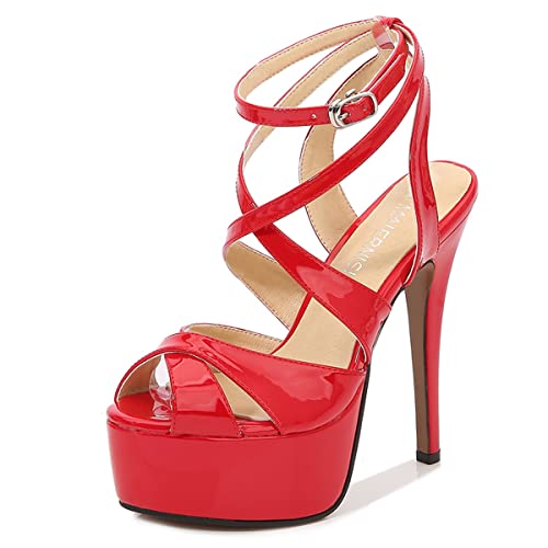 JOEupin Damen Plateau Sandalen Peep Toe Knöchelriemen Stiletto High Heel Kleid Schuhe Pumps Hochzeit Schuhe 12,7 cm, Rot/Ausflug, einfarbig (Getaway Solids), 44 EU von JOEupin