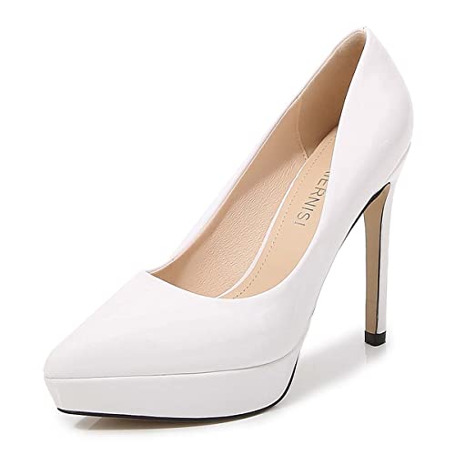 JOEupin Damen Plateau Stiletto High Heel Pumps Close Pointed Toe Slip-on Schuhe Hochzeit Büro Party Kleid Klassisch 11,9 cm, Weiß, 44 EU von JOEupin