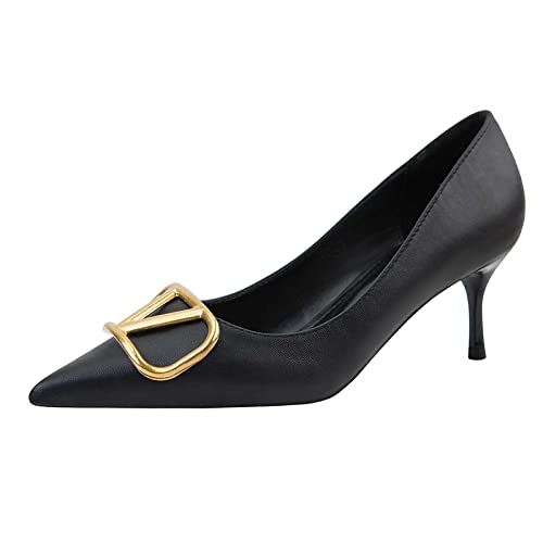 JOEupin Damen-Pumps, mittelhoher Absatz, geschlossener Zehenbereich, goldene Schnalle, Satin, Abend-, Abschlussball-, schwarz, 38 EU von JOEupin