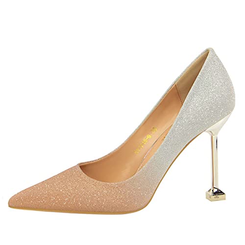 JOEupin Damen-Pumps mit Pailletten, Farbverlauf, spitzer Zehenbereich, High Heels, Pumps, Hochzeitskleid, Büroschuhe, Champagner, 8.5 von JOEupin