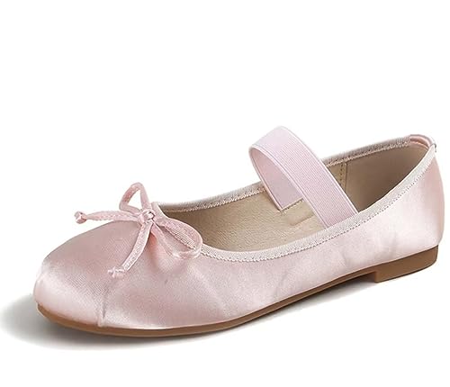 JOEupin Damen Runde Zehenpartie Ballett Flach Elastischer Riemen Bequeme Flache Schuhe Slip On Freizeit Kleid Schuhe, Pink, 42.5 EU von JOEupin