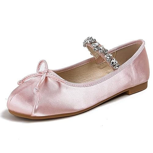 JOEupin Damen Runde Zehenpartie Ballett Flach Elastischer Riemen Bequeme Flache Schuhe Slip On Freizeit Kleid Schuhe, Pink 2, 38 EU von JOEupin