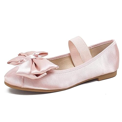 JOEupin Damen Runde Zehenpartie Ballett Flach Elastischer Riemen Bequeme Flache Schuhe Slip On Freizeit Kleid Schuhe, rosa schleife, 38 EU von JOEupin