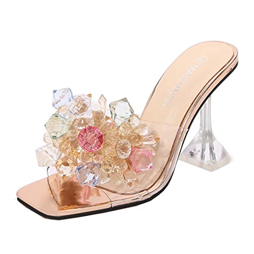 JOEupin Damen-Sandalen, quadratisch, offener Zehenbereich, mittelhoher Blockabsatz, Diamant, klare Seide auf Pantoletten, Champagner 3, 39 EU von JOEupin