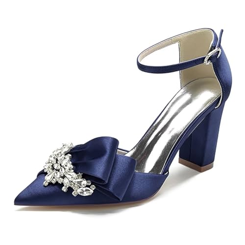 JOEupin Damen Satin Hochzeit Pumps für Braut Strass Hochzeit Schuhe Abend Prom Party Blockabsatz Sandalen, Marineblau, 40 EU von JOEupin