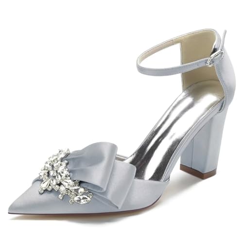 JOEupin Damen Satin Hochzeit Pumps für Braut Strass Hochzeit Schuhe Abend Prom Party Blockabsatz Sandalen, silber, 38 EU von JOEupin