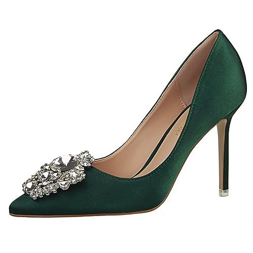 JOEupin Damen Strass-Satin-Pumps für Abendveranstaltungen, High Heels, Pumps für Hochzeit, Braut, Stilettos, Schuhe, Grün , 37 EU von JOEupin