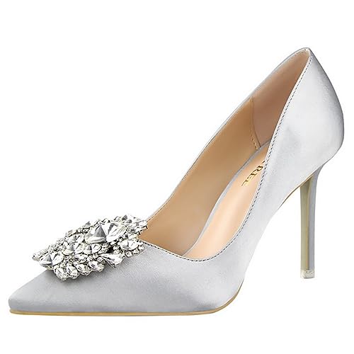 JOEupin Damen Strass-Satin-Pumps für Abendveranstaltungen, High Heels, Pumps für Hochzeit, Braut, Stilettos, Schuhe, silber, 39 EU von JOEupin