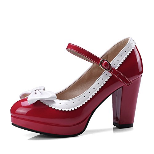 JOEupin Damen Süße Lolita Cosplay Schuhe Schleife Mid Chunky Heel Mary Jane Pumps, Rot (rot), 38.5 EU von JOEupin