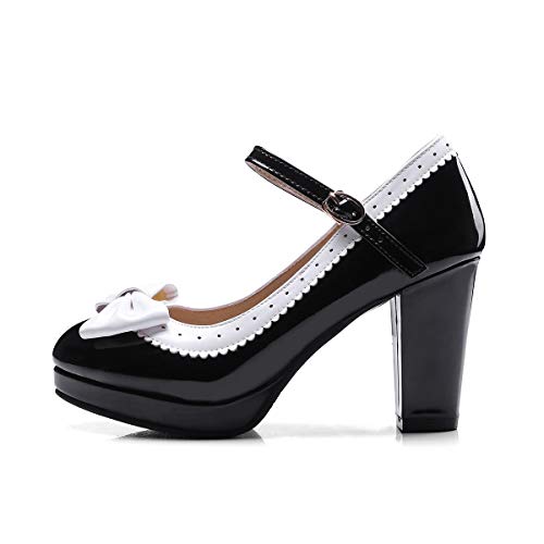 JOEupin Damen Süße Lolita Cosplay Schuhe Schleife Mid Chunky Heel Mary Jane Pumps, Schwarz (schwarz), 44 EU von JOEupin