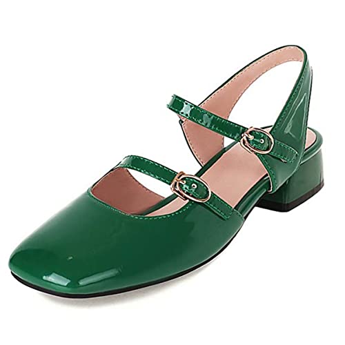 JOEupin Damen Verstellbarer Riemen Mary Jane Square Toe Patent Low Chunky Heel Pumps Schuhe 1,2 Zoll, Grün , 40 EU von JOEupin