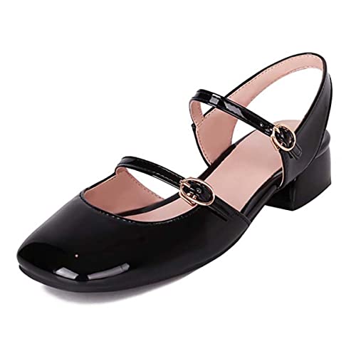 JOEupin Damen Verstellbarer Riemen Mary Jane Square Toe Patent Low Chunky Heel Pumps Schuhe 1,2 Zoll, schwarz, 39 EU von JOEupin