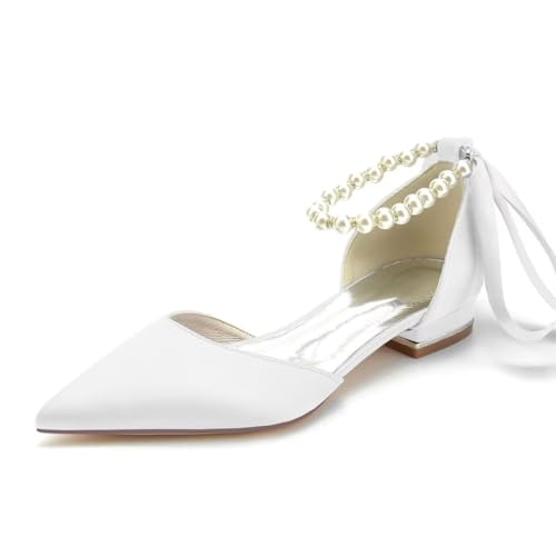 JOEupin Flache Damen-Brautschuhe mit spitzem Zehenbereich, Perlen, Satin, flache Brautschuhe für Braut, Abschlussball, Abendkleid, Brautparty, Kleid, Weiß, 8.5 US JOEupin Flache Damen-Brautschuhe mit spitzem Zehenbereich, Perlen, Satin, flache Brautschuhe für Braut, Abschlussball, Abendkleid, Brautparty, Kleid, Weiß, 8.5 US von JOEupin