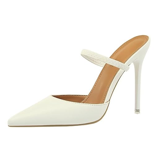 JOEupin Frauen High Heels Pantoletten Riemchen Spitze Zehe Pantoletten Stiletto High Heels Slip On Sandalen, Weiss/opulenter Garten, 34 EU von JOEupin