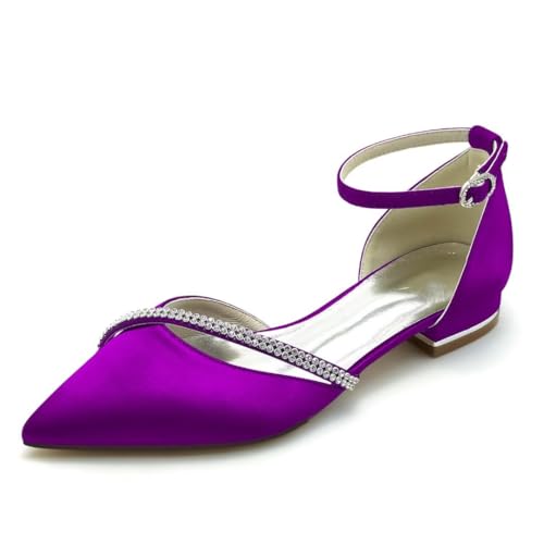 JOEupin Frauen Satin Kristall Hochzeit Flats für Braut Hochzeit Spitze Zehe Abschlussball Abend Braut Party Kleid Flats, Violett, 37 EU von JOEupin