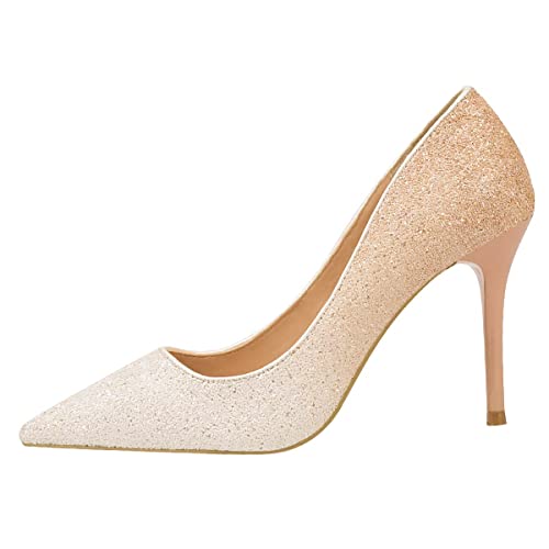 JOEupin Glitzer-Pailletten-Pumps für Damen, Stiletto-Absätze, spitzer Zehenbereich, Slipper, High Heels, Pumps für Damen, Hochzeit, Party, Champagner, 6.5 von JOEupin