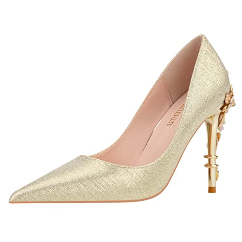 JOEupin High Heels Damen Pumps mit spitzem Zehenbereich, Satin-Pumps, Stiletto, Brautpartykleid, Abendkleid, Hochzeitsschuhe für Damen, Gold 2, 37 EU von JOEupin