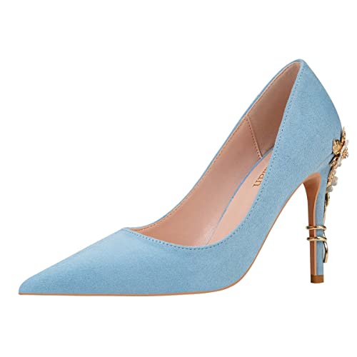 JOEupin High Heels Damen Spitze Zehen Heels Satin Pumps Stiletto Braut Party Kleid Abend Hochzeit Schuhe für Frau, Blaues Wildleder, 37.5 EU von JOEupin