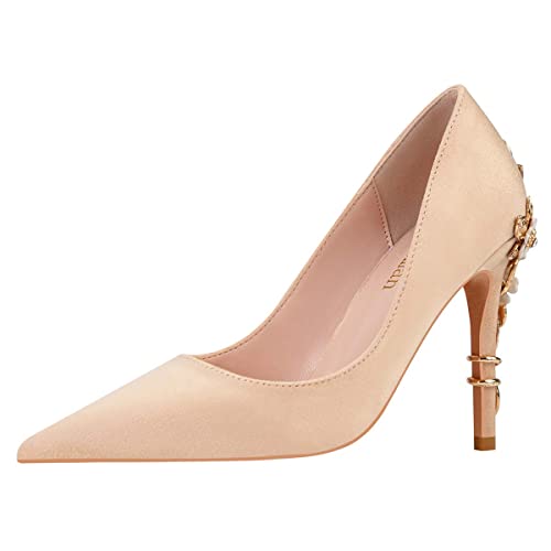 JOEupin High Heels Damen Spitze Zehen Heels Satin Pumps Stiletto Braut Party Kleid Abend Hochzeit Schuhe für Frau, Hautfarben - Nude Suede, 37.5 EU von JOEupin