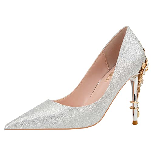 JOEupin High Heels Damen Spitze Zehenpartie Absätze Satin Pumps Stiletto Braut Party Kleid Abend Hochzeit Schuhe für Damen, Silber 2, 37.5 EU von JOEupin