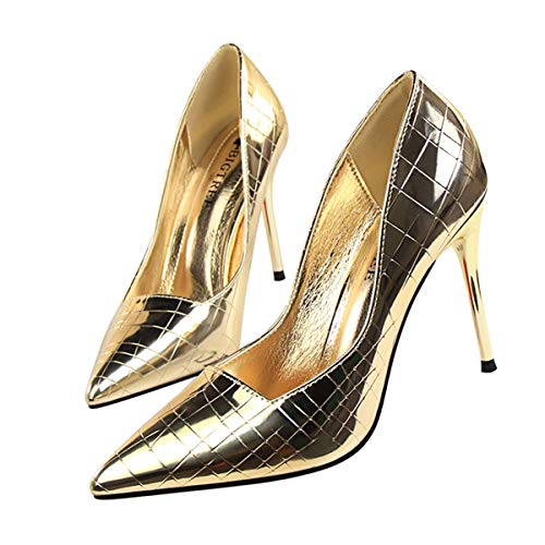 JOEupin Pumps for Woman, Lady's High Heels Dekolleté mit Spitze aus Lack für Dress Party, gold, 39 EU von JOEupin