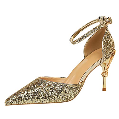 JOEupin Sexy Stiletto-Pumps für Damen, geschlossene Zehenpartie, glitzernde Pailletten, Knöchelriemen, 7,6 cm Absatz, Sandalen, Kleiderschuhe für Party, Hochzeit, Abend, Gold, 39 EU von JOEupin