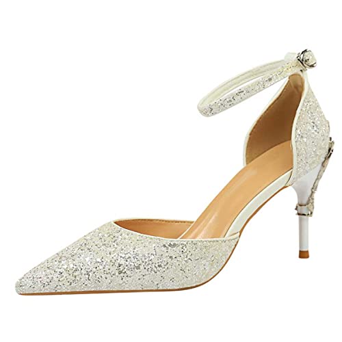 JOEupin Sexy Stiletto-Pumps für Damen, geschlossene Zehenpartie, glitzernde Pailletten, Knöchelriemen, 7,6 cm Absatz, Sandalen, Kleiderschuhe für Party, Hochzeit, Abend, Weiss/opulenter Garten, 37 EU von JOEupin